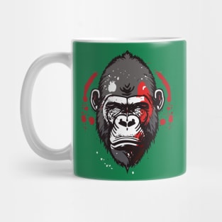 t-shirt design, gorilla with red paint splatters on its face, poster art Mug
